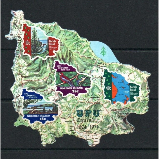 Norfolk Island 1974 - Aniversare UPU, harta, bloc cu timbre autocolant, neuzat