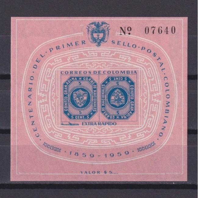 Columbia 1959 - Centenarul primului timbru columbian, colita neuzata