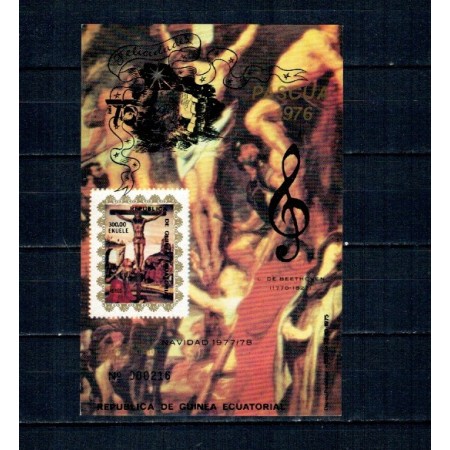Guinea Ecuatoriala 1977 - Crăciun, arta, Beethoven, supratipar pe Pasti, colita neuzata, RARA!