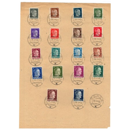 Ostland, ocupatia germana 1943 - Supratipar pe Hitler, Mi.No.1-18 pe fragment, cu stampile Pskov/Pleskau