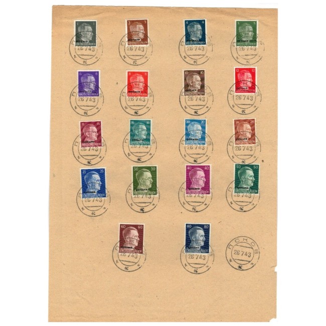 Ostland, ocupatia germana 1943 - Supratipar pe Hitler, Mi.No.1-18 pe fragment, cu stampile Pskov/Pleskau