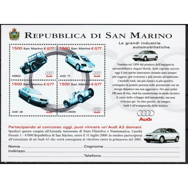 San Marino 1999 - Mașini Audi, bloc neuzat
