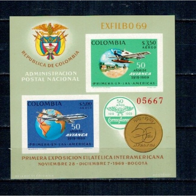 Columbia 1969 - Posta Aeriana, avioane, aviație, Exfilba, colita neuzata