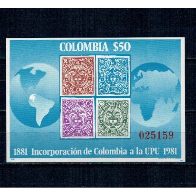 Columbia 1981 - Timbru pe timbru, aniversare Columbia in UPU, colita neuzata