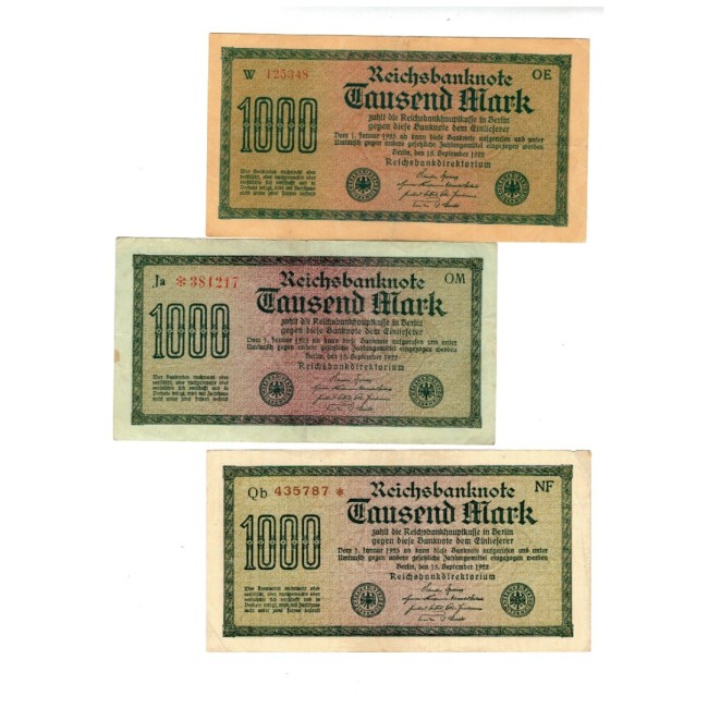 Germania 1922 - 1000 Mark, lot 3buc cu filigrane diferite
