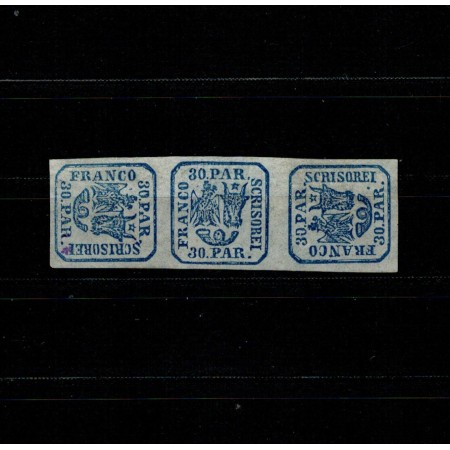 1864 - Principatele Unite, 30 parale, tipar de mașină, triptic perechi întoarse la 90 grade, neștampilate, fără guma