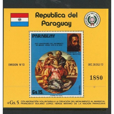 Paraguay 1975 - Michelangelo, pictura, arta, colita neuzata