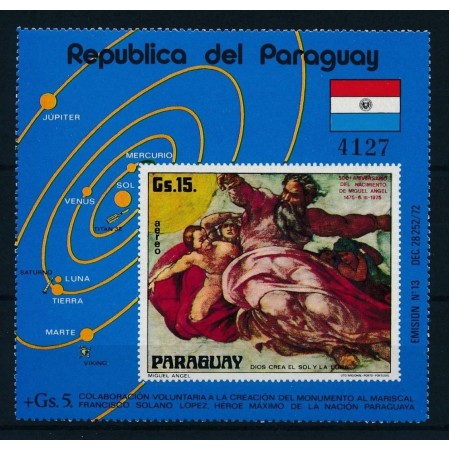 Paraguay 1975 - Michelangelo, pictura, arta, colita neuzata