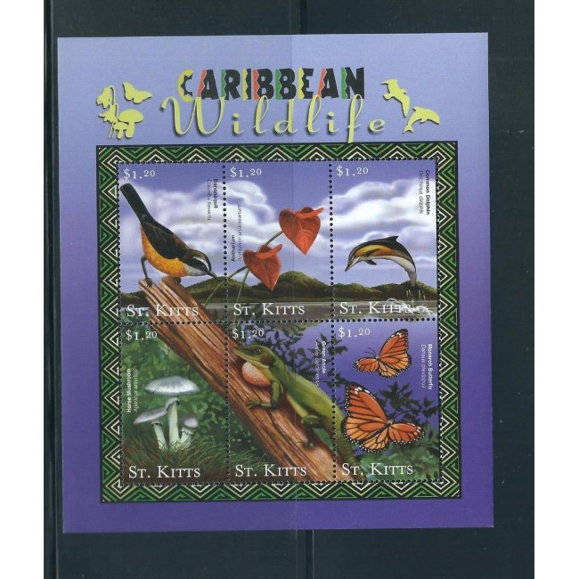 St. Kitts 2001 - Fauna din caraibe, animale, bloc neuzat