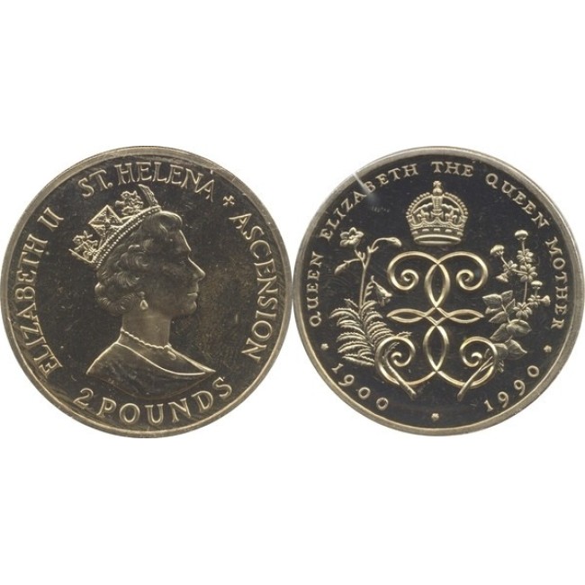 St. Helena si Ascension 1990 - 2 pounds, 90th Anniversary - Birth of Queen Mother, UNC