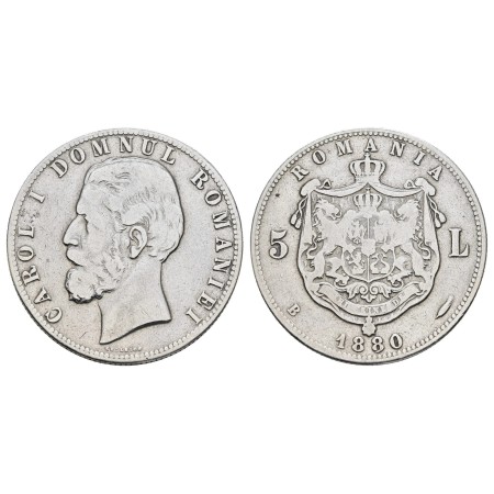 Romania 1880 - 5 lei Carol I domnul Romaniei, Ag, circulat
