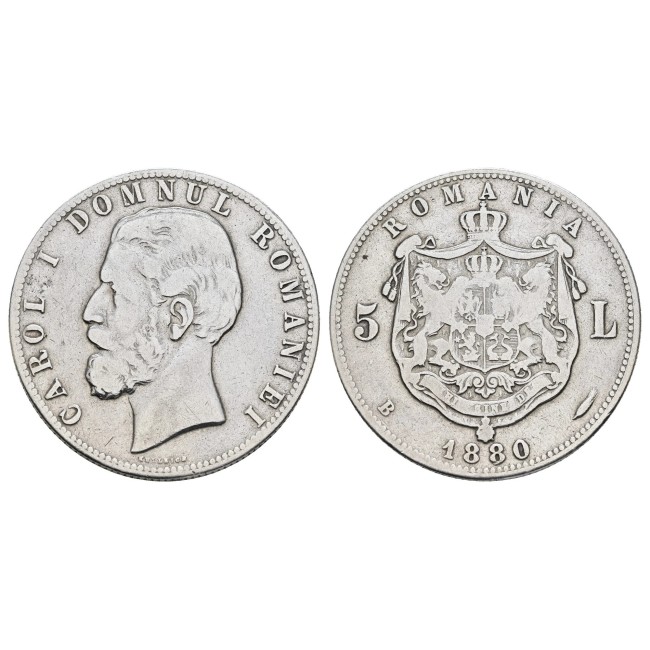 Romania 1880 - 5 lei Carol I domnul Romaniei, Ag, circulat