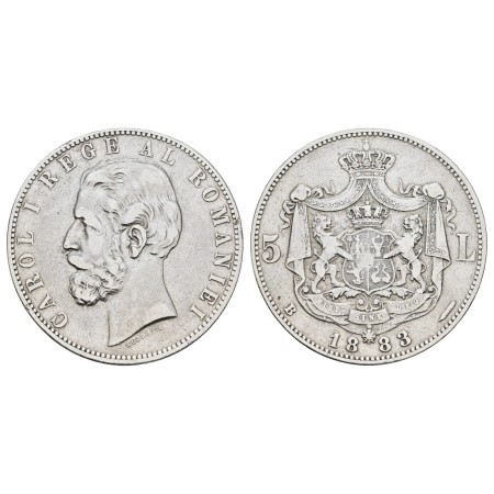 Romania 1883 - 5 lei Carol I, Ag, 6 stele pe muchie, circulat