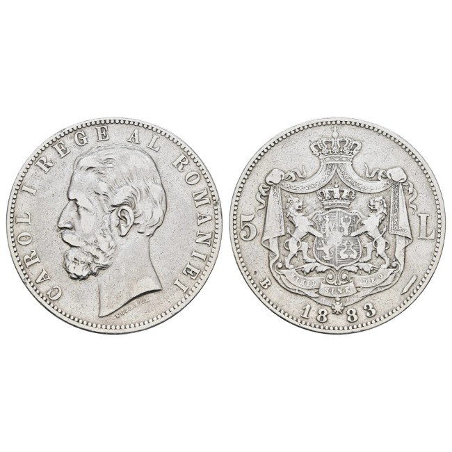 Romania 1883 - 5 lei Carol I, Ag, 6 stele pe muchie, circulat