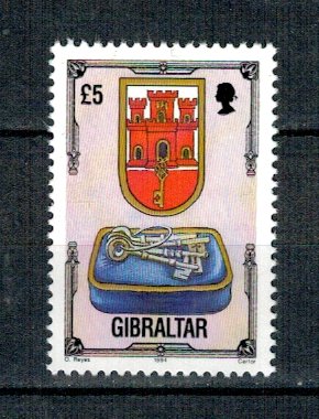 Gibraltar 1994 - Stema, arhitectura, 5Pound, neuzata