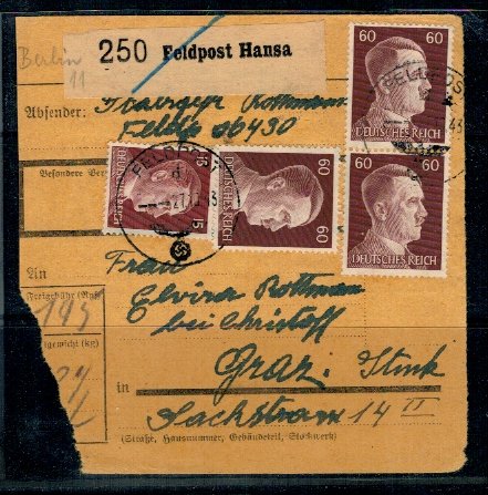 Germania(Reich) 1943 - Paketkarte (aviz colet), posta militara H