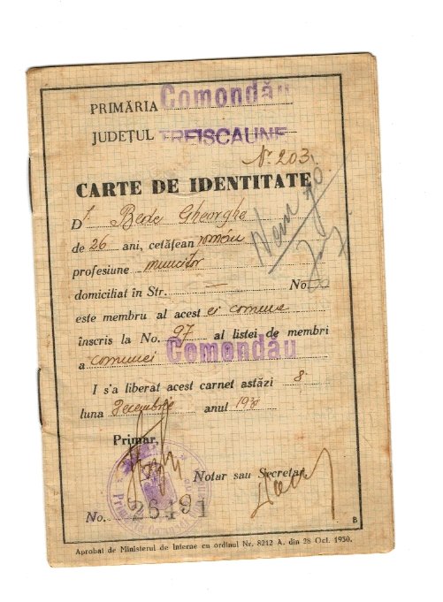 Carte identitate 1930, comuna Comandau, jud. Treiscaune