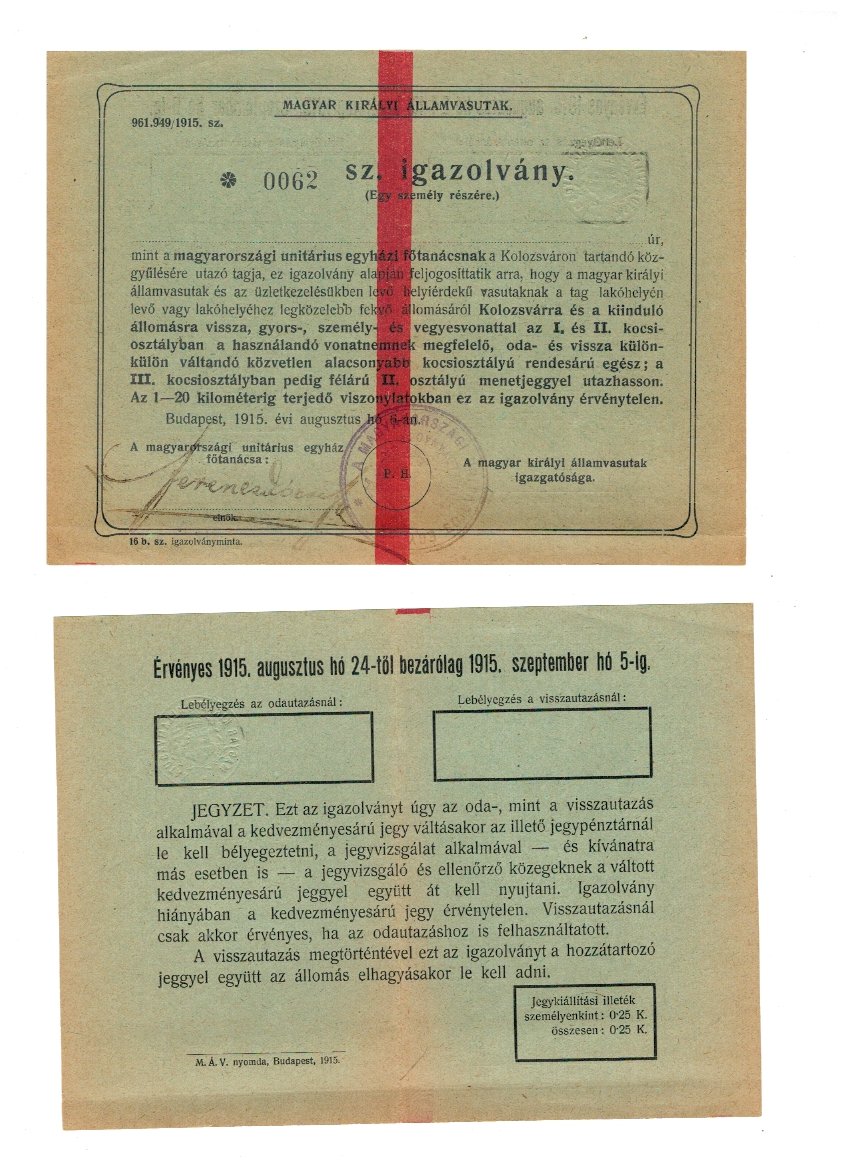 1915 - Permis calatorie gratuita cu trenuri catre Cluj Napoca