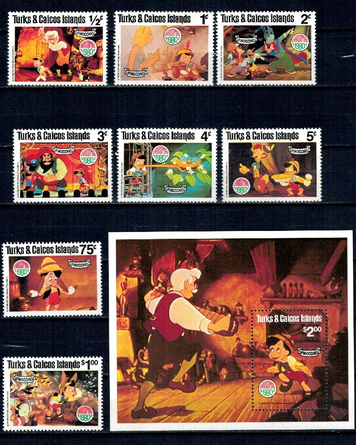 Turks&Caicos 1980 - Disney, Craciun , Pinocchio, serie inc.+coli