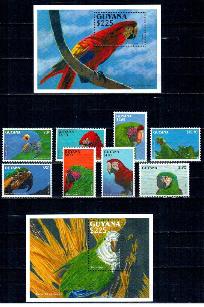 Guyana 1993 - Papagali, pasari, serie+colite neuzate