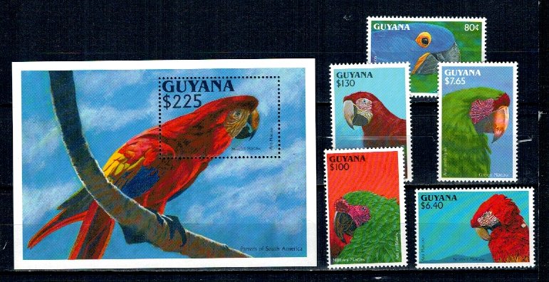 Guyana 1993 - Papagali, pasari, serie incompl. si colita neuzata