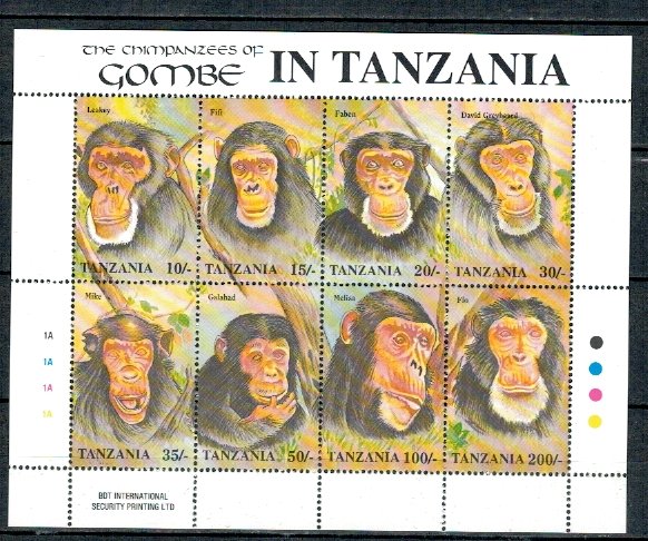 Tanzania 1992 - Fauna, cimpanzei, bloc neuzat