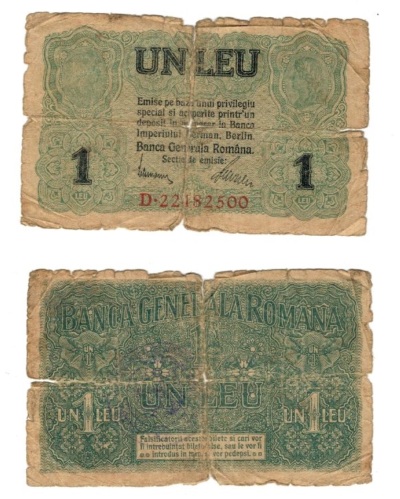 Romania 1917 - 1 leu, ocupatia germana, deteriorata