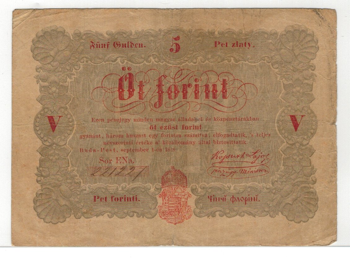 Ungaria 1848 - 5 forint, Kossuth, circulata