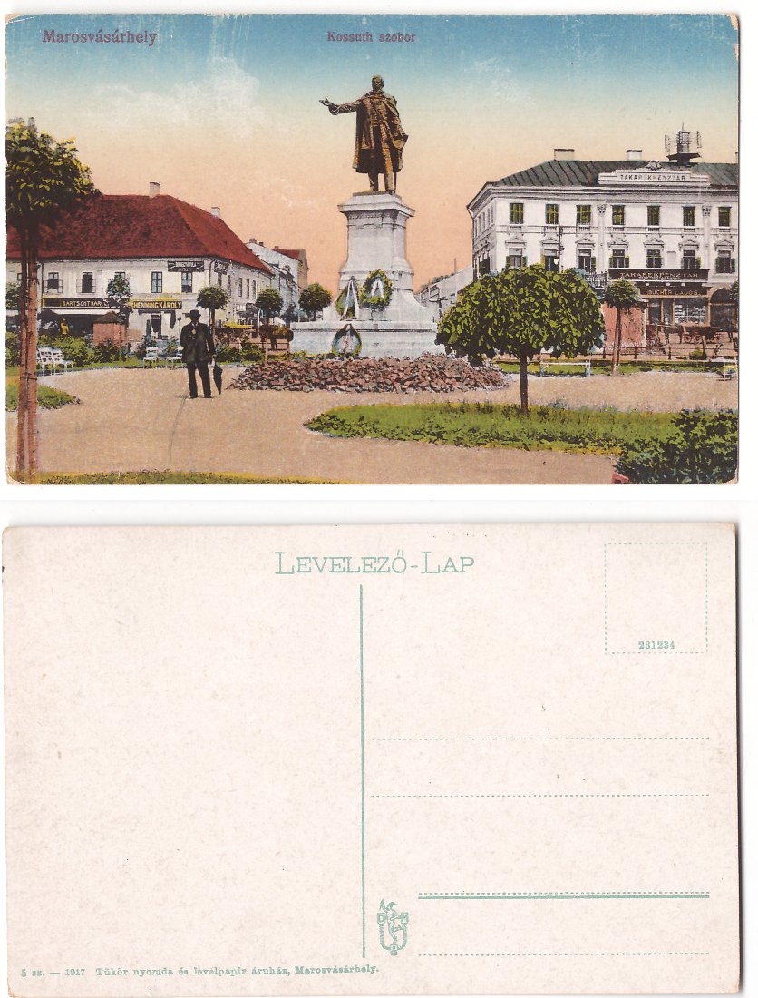 Targu Mures 1917(aprox.) - Statuia Kossuth, ilustrata necirculat