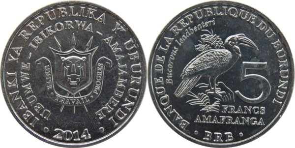 Burundi 2014 - 5 francs, bucorvus leadbeateri, UNC