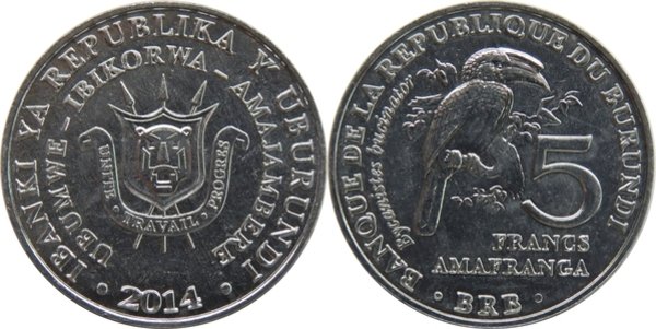 Burundi 2014 - 5 francs, bycanistes bucinator, UNC